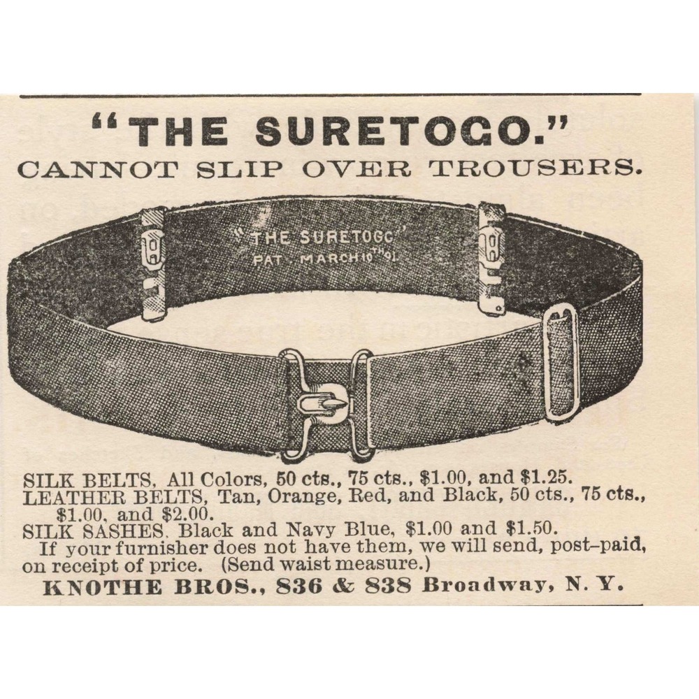 Knothe Bros The Suretoco Trouser Belt Braces Suspenders Vintage 1892 Print Ad - Picture 1 of 1